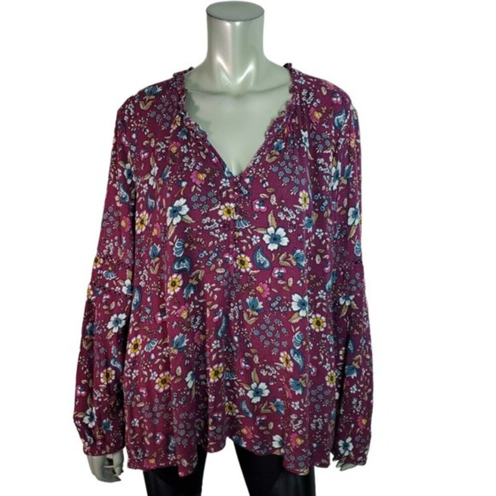 Lane Bryant Peasant Top Plus Size 22/24 High Low Floral V-Neck Rayon‎ Purple